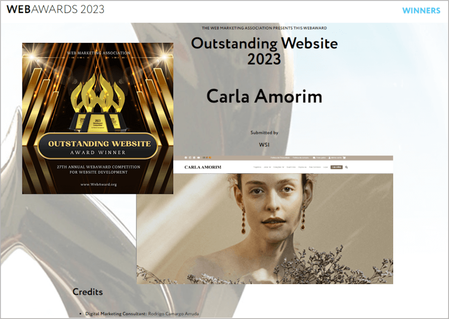 Prêmio Web Award do site de Carla Amorim - créditos a WSI B2U, Rodrigo Camargo Arruda